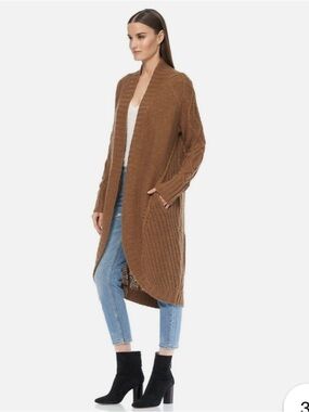 360 Sweater Chloe Long Open-Front Cardigan - Brandy Brown Wool/Alpaca Blend S